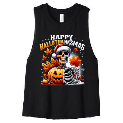 Vintage Halloween Merry Christmas Happy Hallothanksmas Women's Racerback Cropped Tank