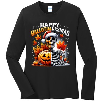 Vintage Halloween Merry Christmas Happy Hallothanksmas Ladies Long Sleeve Shirt