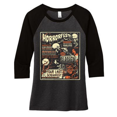 Vintage Horrorfest Movie Poster Terror Old Time Halloween Women's Tri-Blend 3/4-Sleeve Raglan Shirt