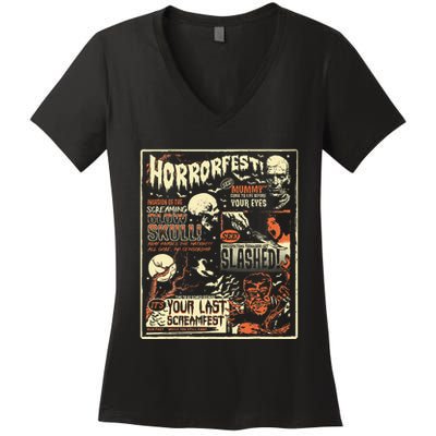 Vintage Horrorfest Movie Poster Terror Old Time Halloween Women's V-Neck T-Shirt