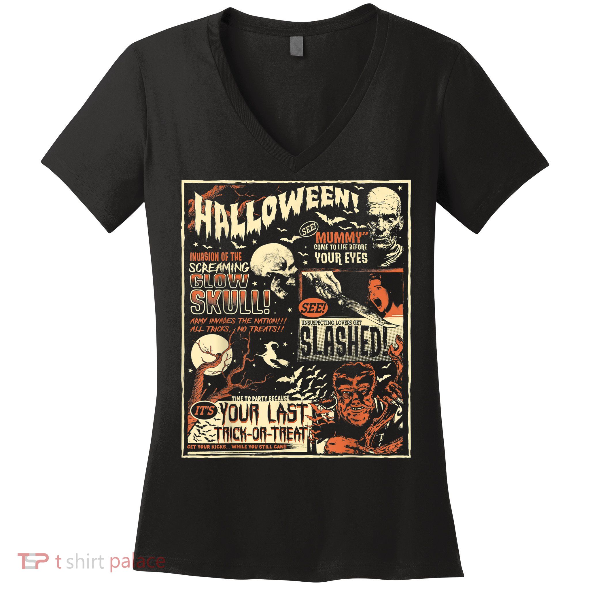 Vintage Horror Movie Shirts Poster Terror Old Time Halloween Women's V-Neck T-Shirt