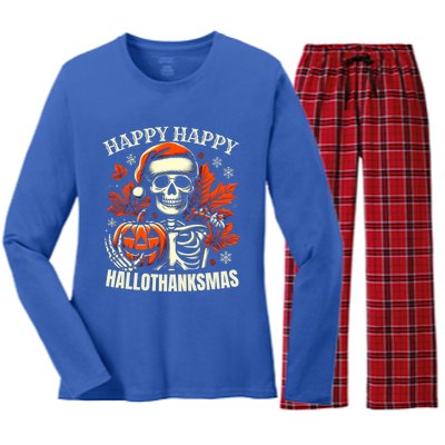 Vintage Halloween Merry Christmas Happy Hallothanksmas Gift Women's Long Sleeve Flannel Pajama Set 