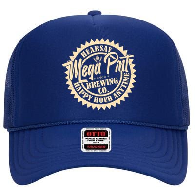 Vintage Hearsay Mega Pint Brewing Co Happy Hour Anytime Emblem High Crown Mesh Back Trucker Hat