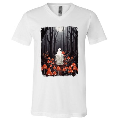 Vintage Halloween Mushroom Ghost In The Forest Gothic V-Neck T-Shirt