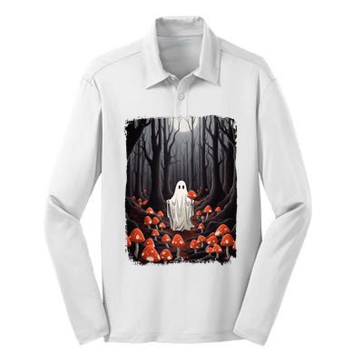 Vintage Halloween Mushroom Ghost In The Forest Gothic Silk Touch Performance Long Sleeve Polo