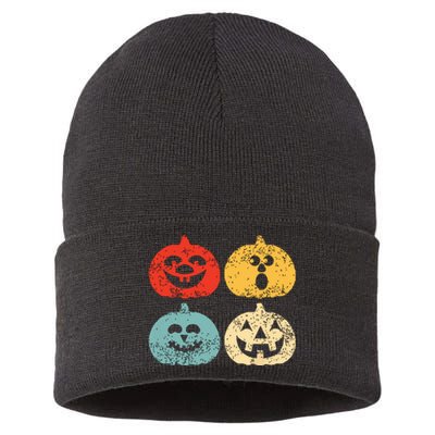 Vintage Halloween Pumpkin Kids Funny Retro Gift Sustainable Knit Beanie