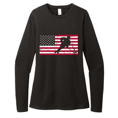 Vintage Hockey Player American Flag Womens CVC Long Sleeve Shirt