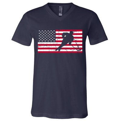 Vintage Hockey Player American Flag V-Neck T-Shirt