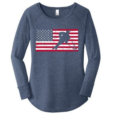 Vintage Hockey Player American Flag Women's Perfect Tri Tunic Long Sleeve Shirt