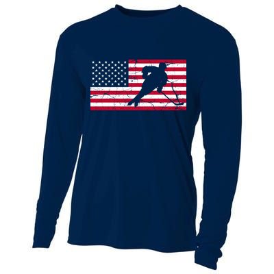 Vintage Hockey Player American Flag Cooling Performance Long Sleeve Crew