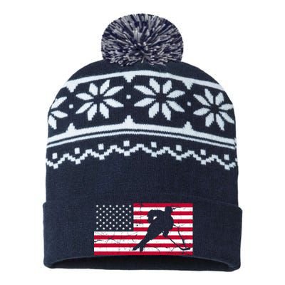 Vintage Hockey Player American Flag USA-Made Snowflake Beanie