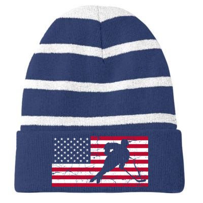 Vintage Hockey Player American Flag Striped Beanie with Solid Band