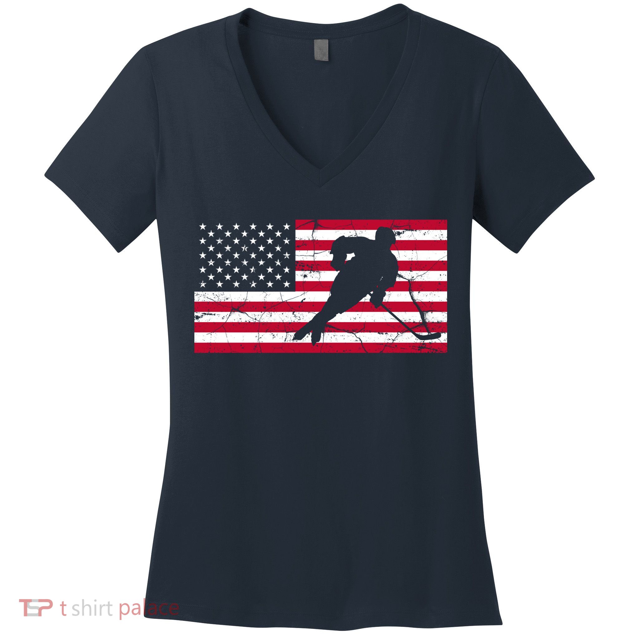 Vintage Hockey Player American Flag Women's V-Neck T-Shirt