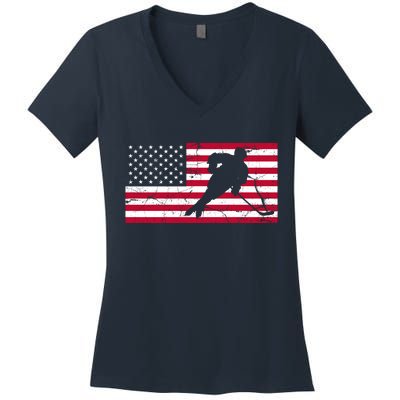 Vintage Hockey Player American Flag Women's V-Neck T-Shirt