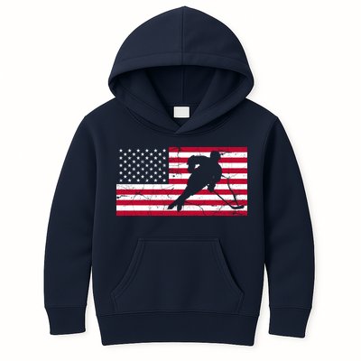 Vintage Hockey Player American Flag Kids Hoodie