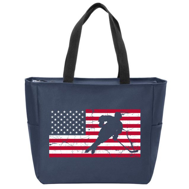 Vintage Hockey Player American Flag Zip Tote Bag
