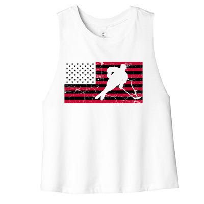 Vintage Hockey Player American Flag Women's Racerback Cropped Tank