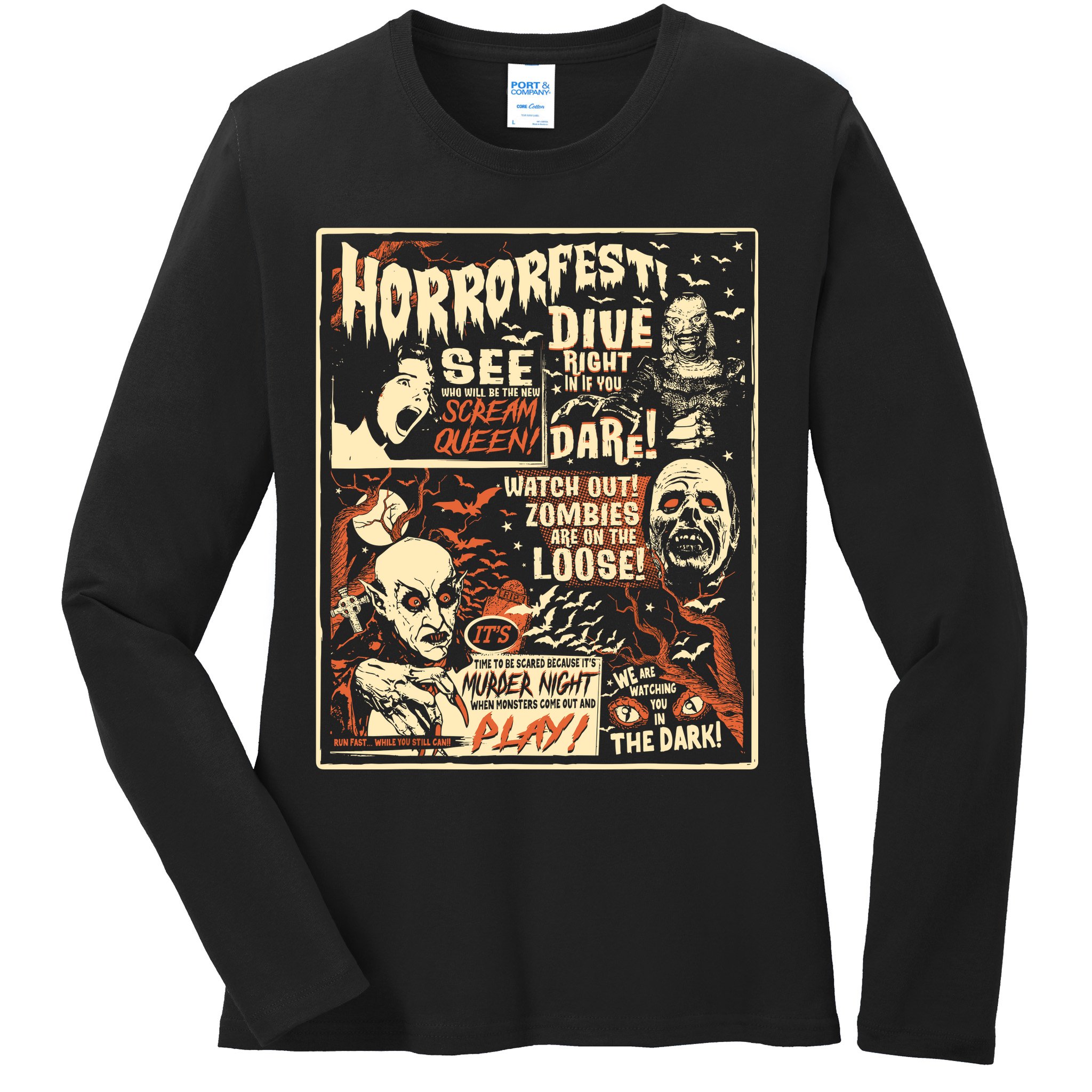 Vintage Horrorfest Poster Halloween Movie Old Time Horror Ladies Long Sleeve Shirt