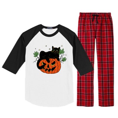 Vintage Halloween Retro Pumpkin Jack O Lantern And Black Cat Gift Raglan Sleeve Pajama Set