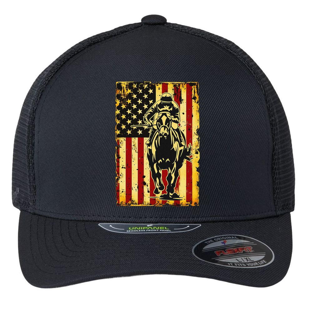 Vintage Horse Racing Jockey American Flag Flexfit Unipanel Trucker Cap