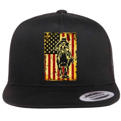 Vintage Horse Racing Jockey American Flag Flat Bill Trucker Hat