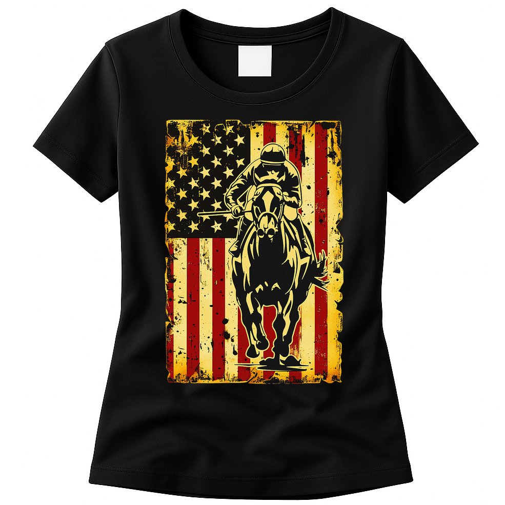 Vintage Horse Racing Jockey American Flag Womens T-Shirt