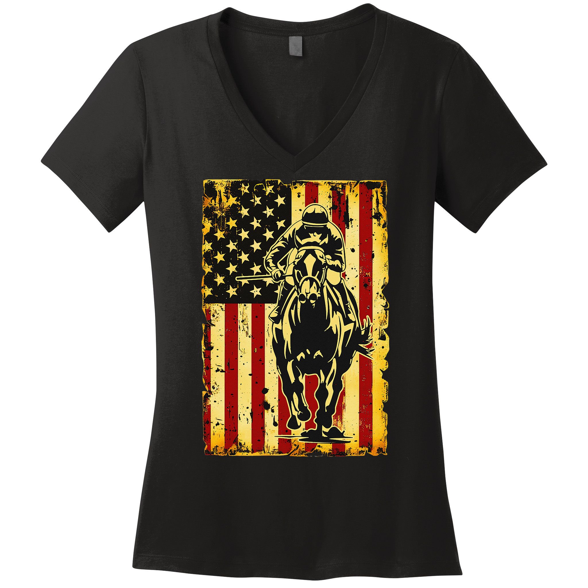 Vintage Horse Racing Jockey American Flag Women's V-Neck T-Shirt