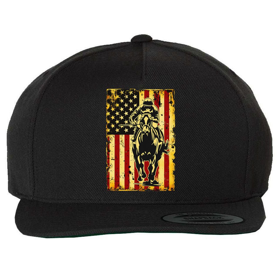 Vintage Horse Racing Jockey American Flag Wool Snapback Cap