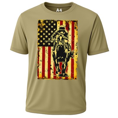Vintage Horse Racing Jockey American Flag Cooling Performance Crew T-Shirt