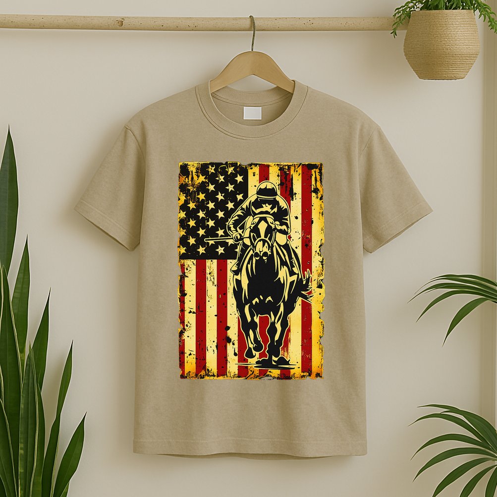 Vintage Horse Racing Jockey American Flag T-Shirt