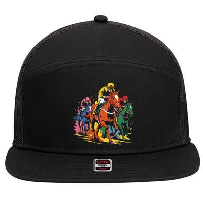Vintage Horse Racing Painting Horse And Derby Lovers 7 Panel Mesh Trucker Snapback Hat