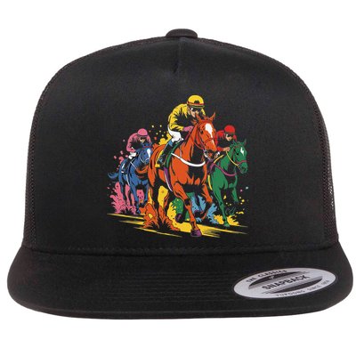 Vintage Horse Racing Painting Horse And Derby Lovers Flat Bill Trucker Hat