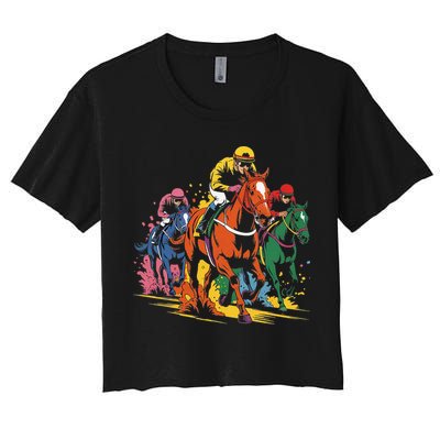 Vintage Horse Racing Painting Horse And Derby Lovers Women's Crop Top Tee