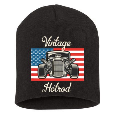 Vintage Hot Rod American Flag Antique Classic Car Lover Men Short Acrylic Beanie