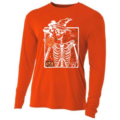 Vintage Halloween Skeleton Ing Coffee Smiling Skull Cool Gift Cooling Performance Long Sleeve Crew