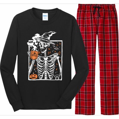 Vintage Halloween Skeleton Ing Coffee Smiling Skull Cool Gift Long Sleeve Pajama Set