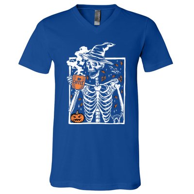 Vintage Halloween Skeleton Ing Coffee Smiling Skull Cool Gift V-Neck T-Shirt