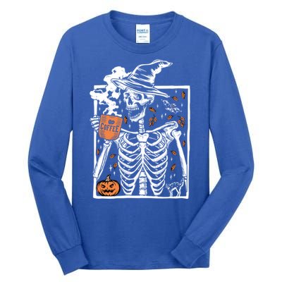 Vintage Halloween Skeleton Ing Coffee Smiling Skull Cool Gift Tall Long Sleeve T-Shirt