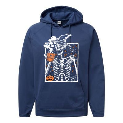 Vintage Halloween Skeleton Ing Coffee Smiling Skull Cool Gift Performance Fleece Hoodie