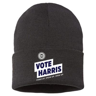 Vote Harris Stand Up Speak Up Show Up Trump Is A Scab Sustainable Knit Beanie