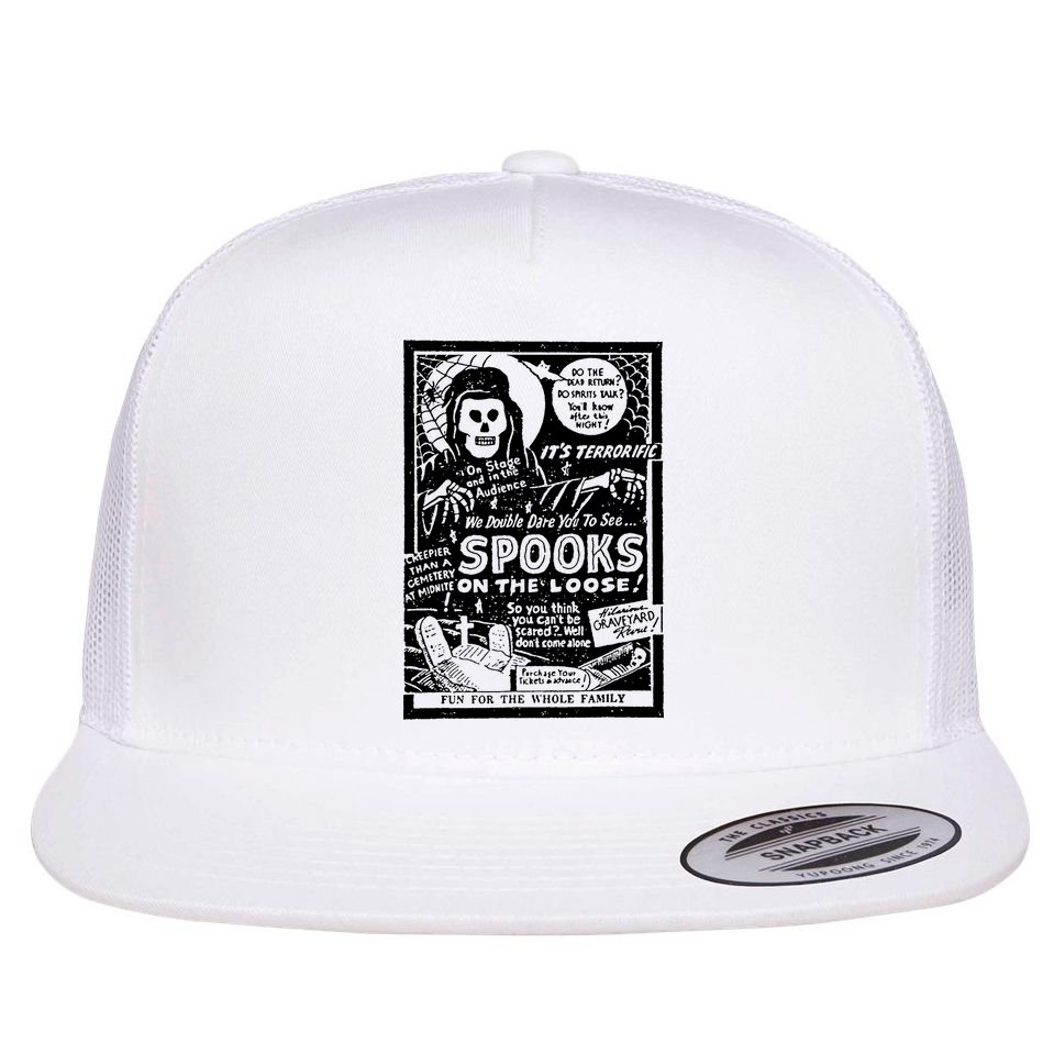 Vintage Halloween Skeleton Horror Movie Midnight Spook Show Flat Bill Trucker Hat