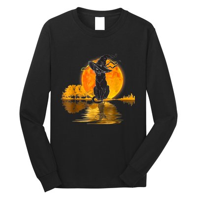 Vintage Halloween Scary Black Cat Witch Hat Moon Witchy Long Sleeve Shirt