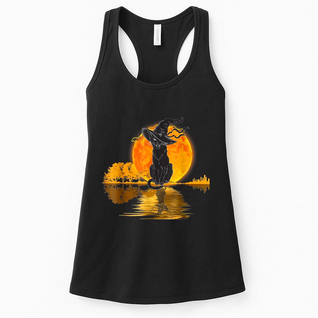 Vintage Halloween Scary Black Cat Witch Hat Moon Witchy Womens Tank Top
