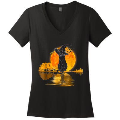 Vintage Halloween Scary Black Cat Witch Hat Moon Witchy Women's V-Neck T-Shirt