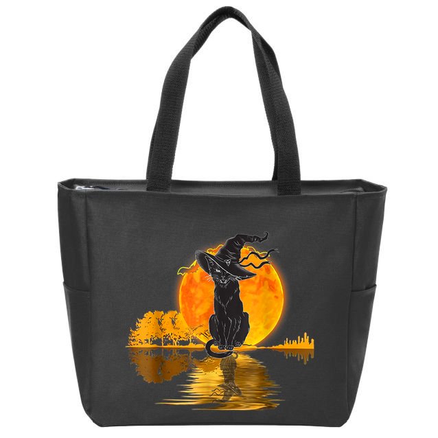 Vintage Halloween Scary Black Cat Witch Hat Moon Witchy Zip Tote Bag
