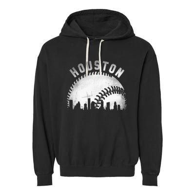 Vintage Houston Skyline City Baseball Garment-Dyed Fleece Hoodie