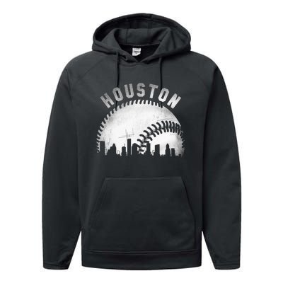 Vintage Houston Skyline City Baseball Performance Fleece Hoodie