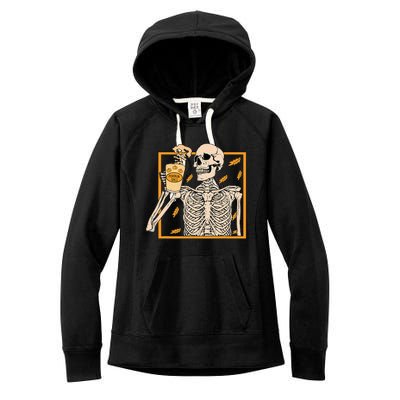 Vintage Halloween Skeleton Pumpkin Spice Latte Syrup Creamer Women's Fleece Hoodie