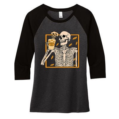 Vintage Halloween Skeleton Pumpkin Spice Latte Syrup Creamer Women's Tri-Blend 3/4-Sleeve Raglan Shirt