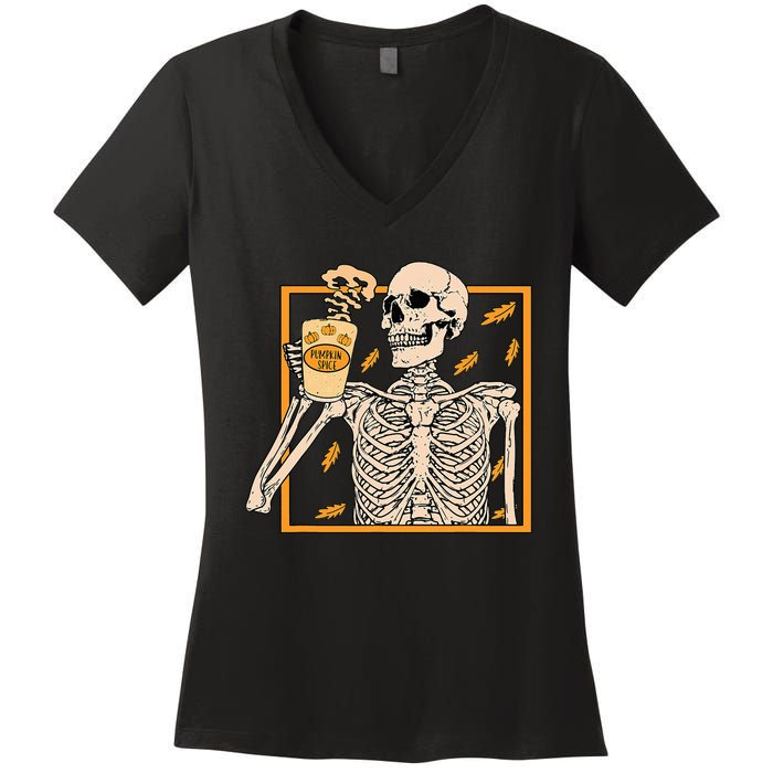 Vintage Halloween Skeleton Pumpkin Spice Latte Syrup Creamer Women's V-Neck T-Shirt